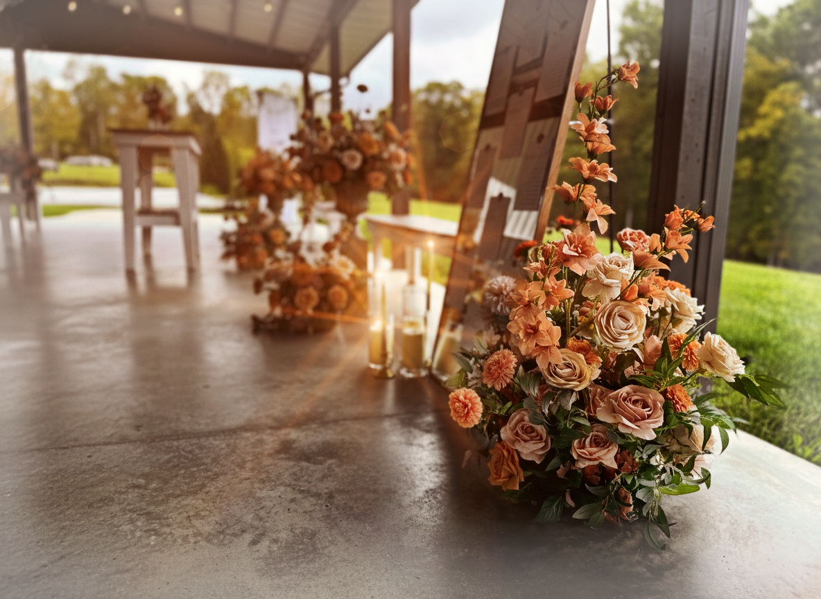 Barrel arrangements wedding decor floral rental set at Hilltop Wedding venue in Shelby, NC.