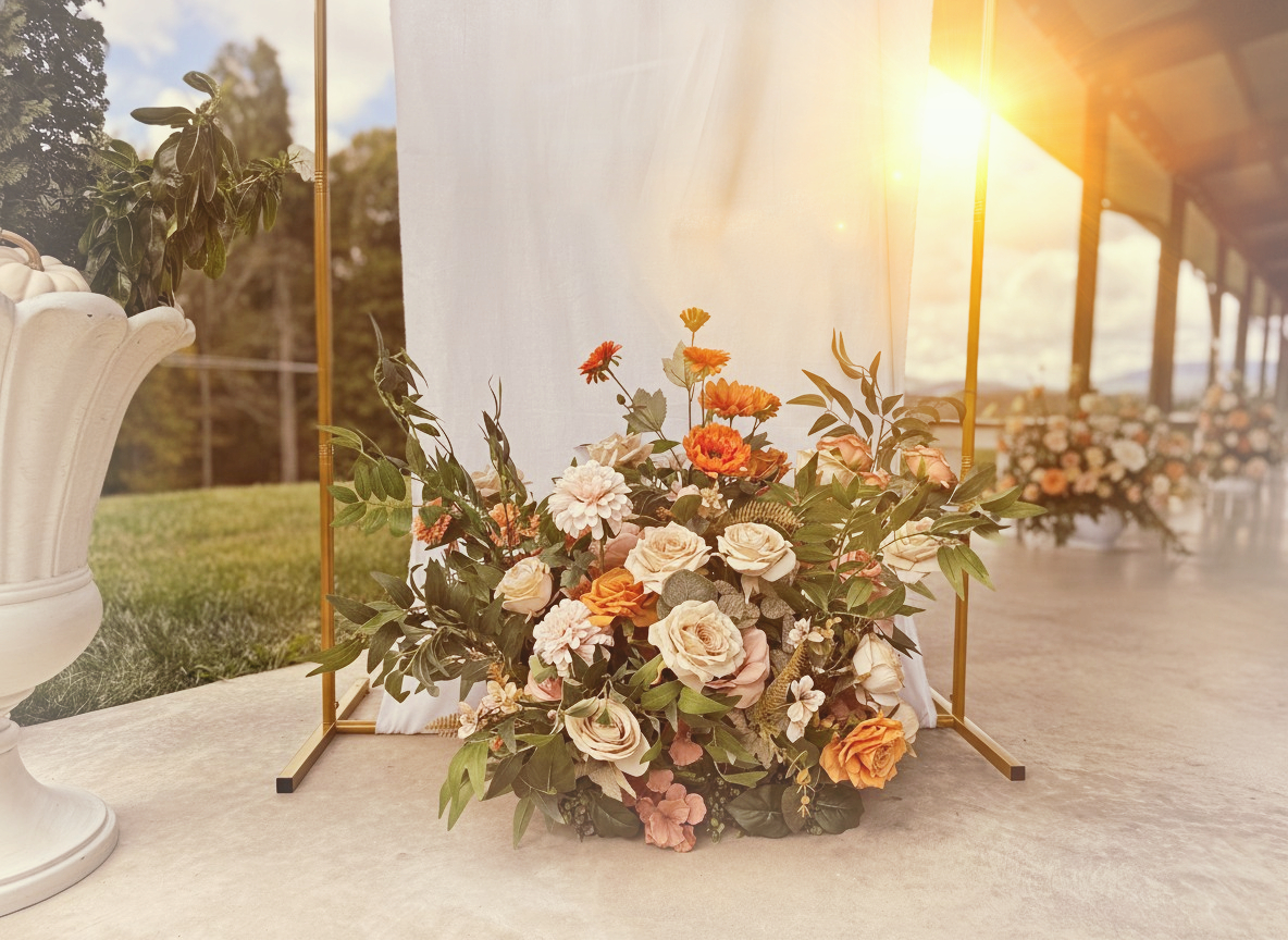 Barrel arrangements wedding decor floral rental set at Hilltop Wedding venue in Shelby, NC.