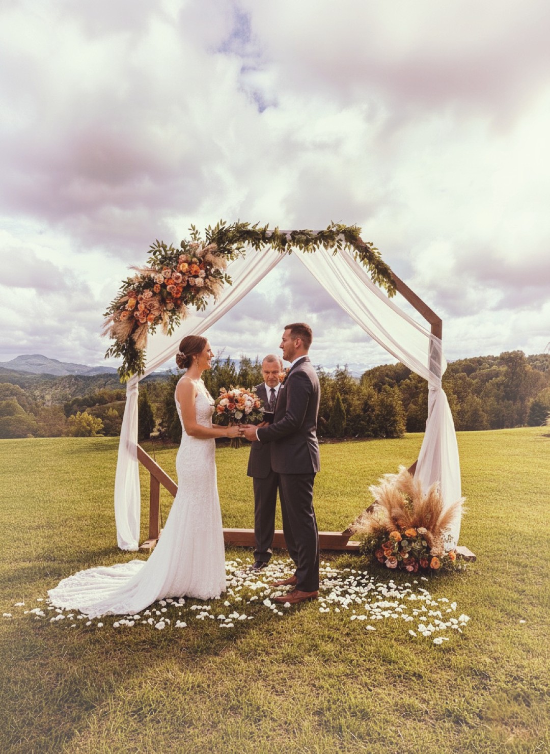 Corner angle of rental wedding arbor set at Hilltop Wedding venue in Shelby, NC.