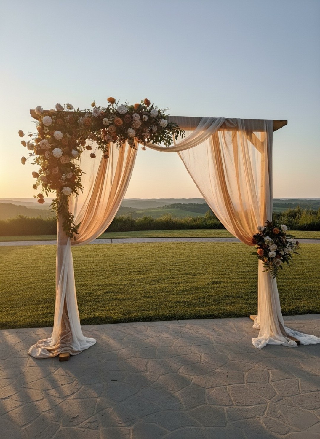 Wedding decorating rental set with arbor, aisle markers, and sweetheart table florals in NC