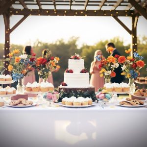 Wedding dessert table with flower accent vases part of wedding rental set in Hickory, NC.