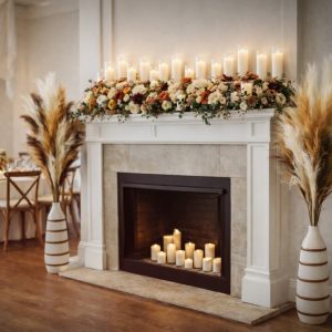 Fireplace at wedding with rental decorations of striped pampas vases at wedding in Hickory, NC.