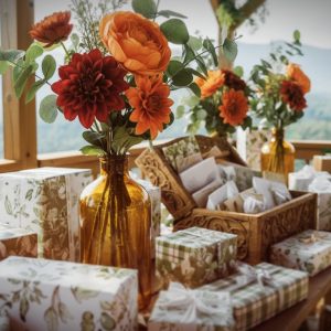 Close up of rental floral and decor set on gift table in Boone, NC.